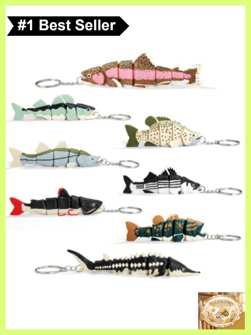8 Pc Articulated Fish Keychain Set Plastic Fishing Gift for Men Dads